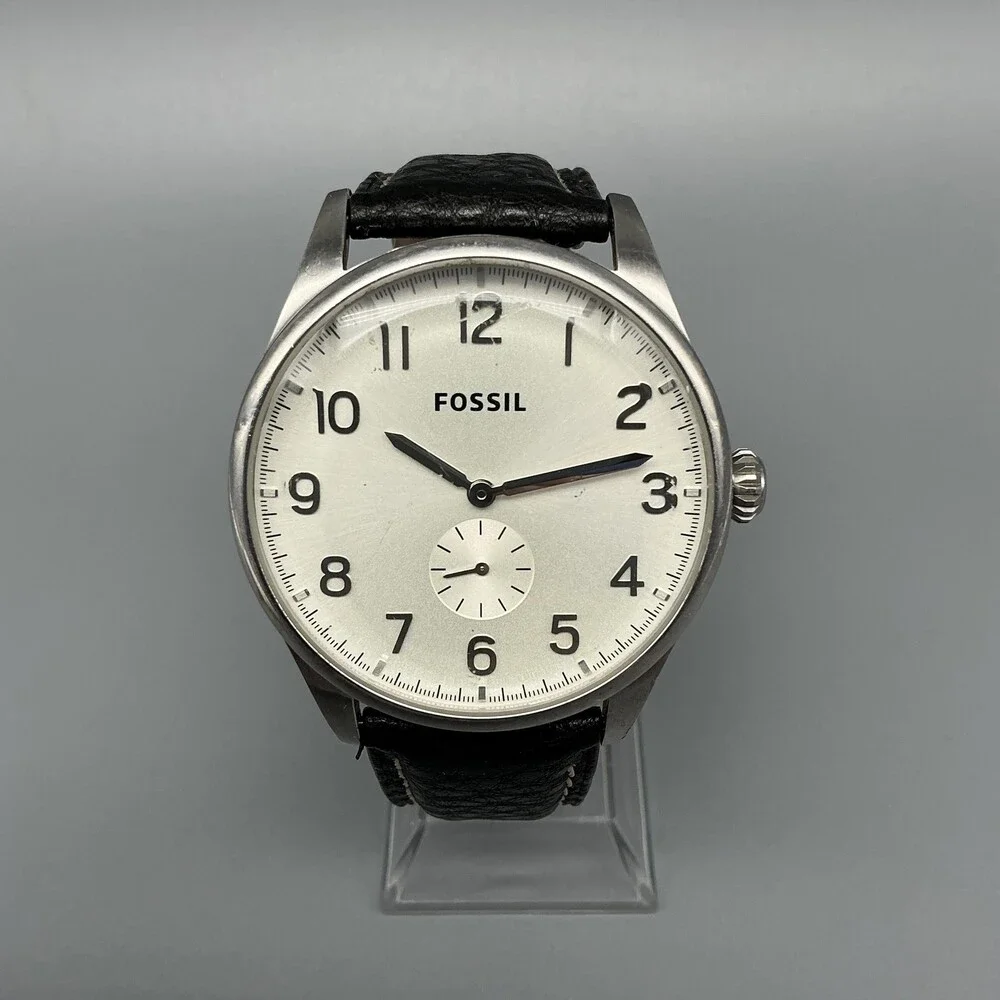 Fossil Mens Watch 42mm Silver Tone Black Leather Small Seconds New Battery
